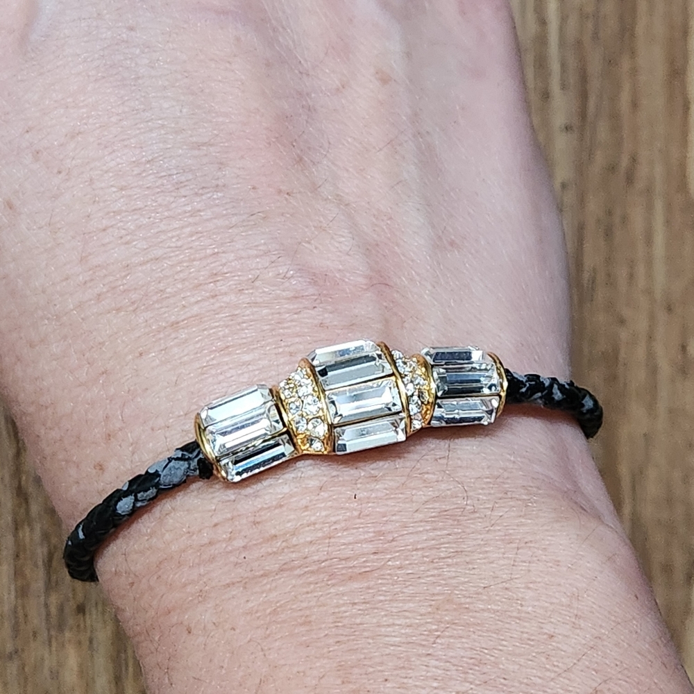 Striking Signed AKKAD Gold-Tone Black Leather Woven Cord Cubic Zirconia …